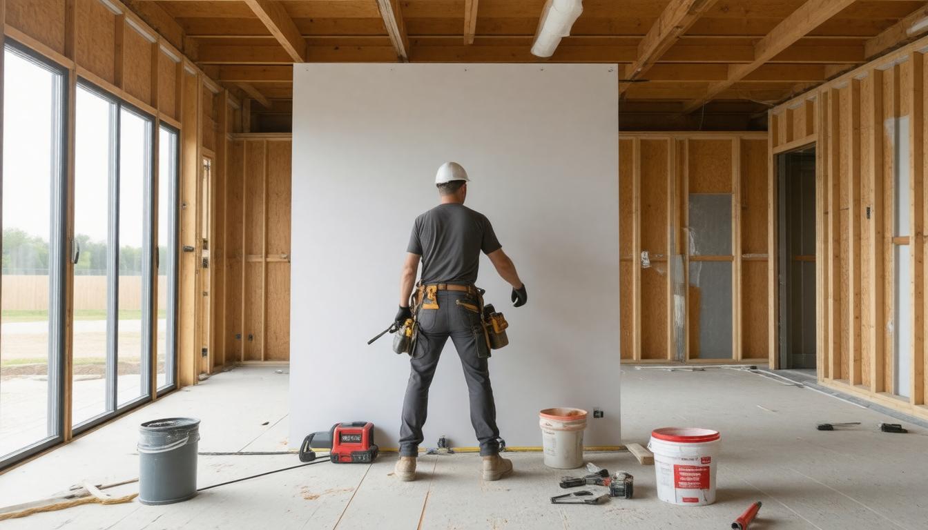 A man stands in a room beside a wall, with a toolbox placed on the floor nearby.