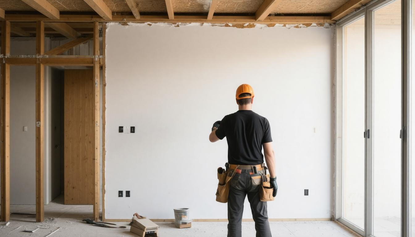 A man stands in an unfinished room, holding a hammer, ready to work on construction or renovation tasks.