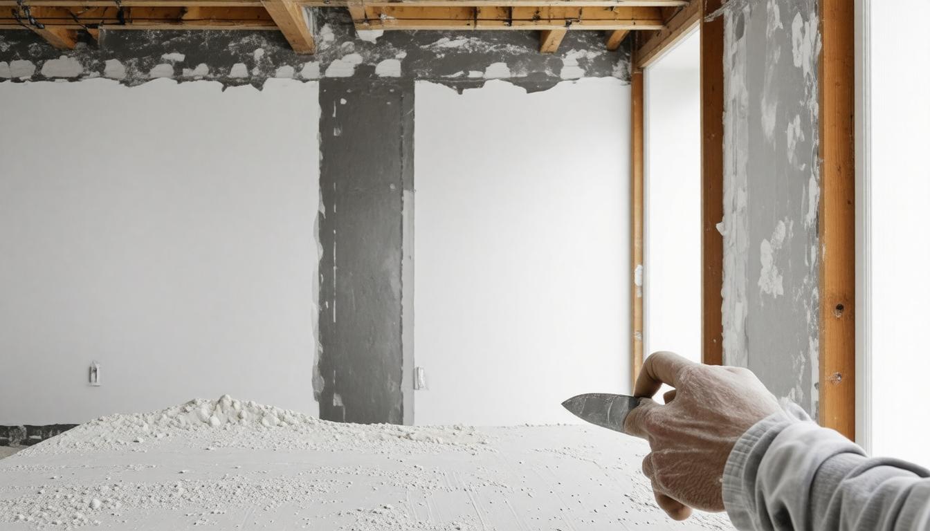 A person grips a hammer in a room featuring bare cement walls, indicating a construction or renovation setting.