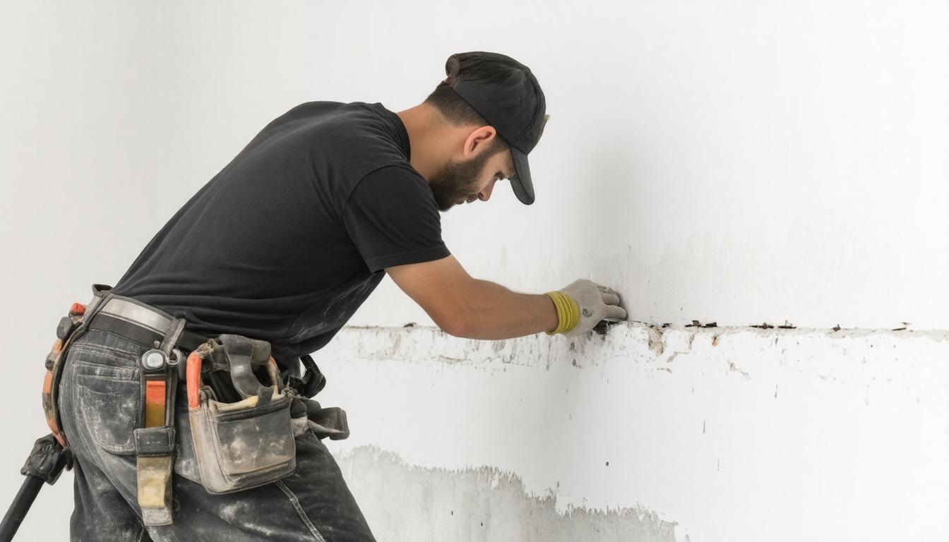 A man using a hammer to work on a wall, focused on his task in a construction setting.