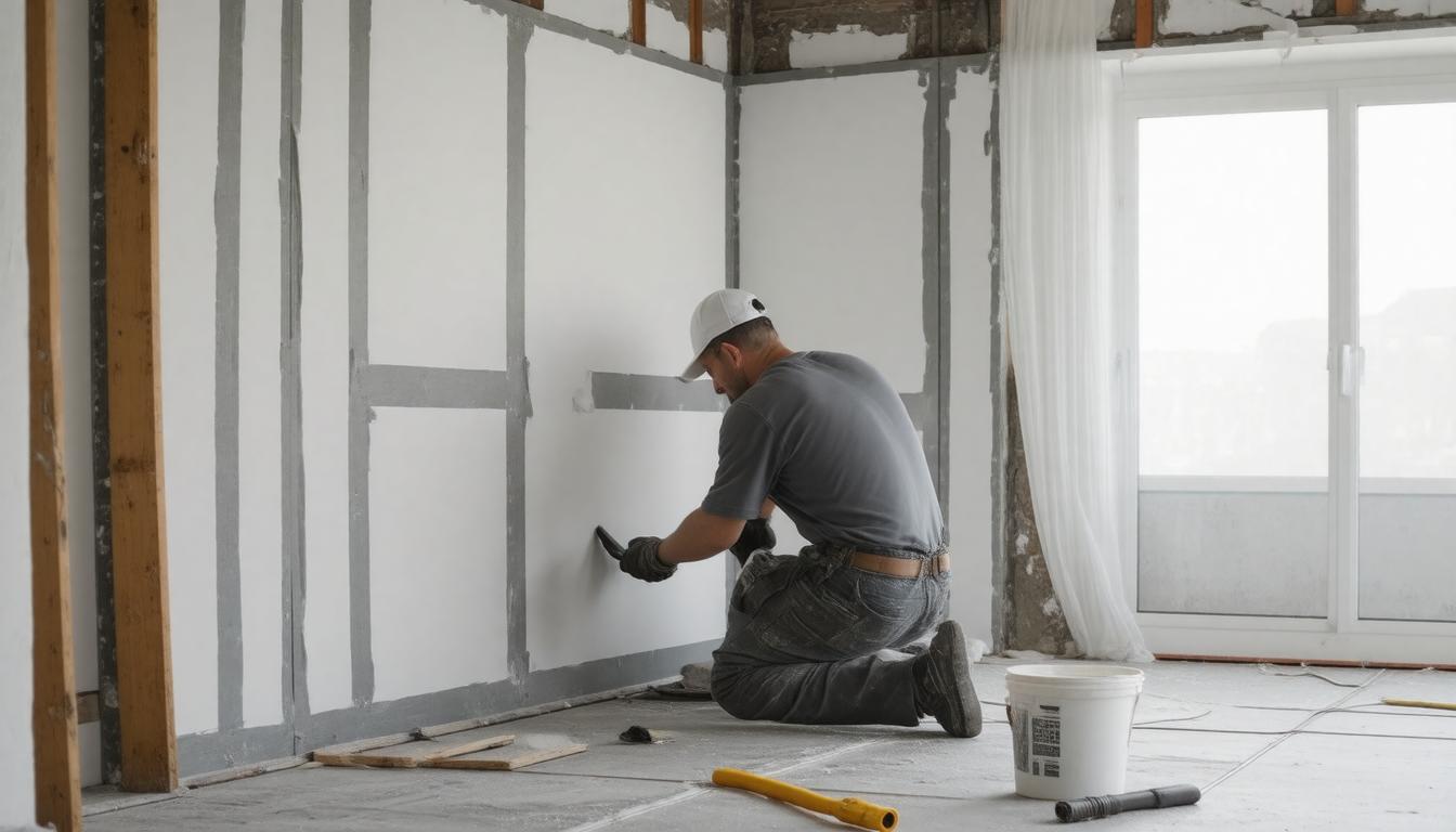 A man is applying paint to a wall in a room, focused on his task with tools nearby.