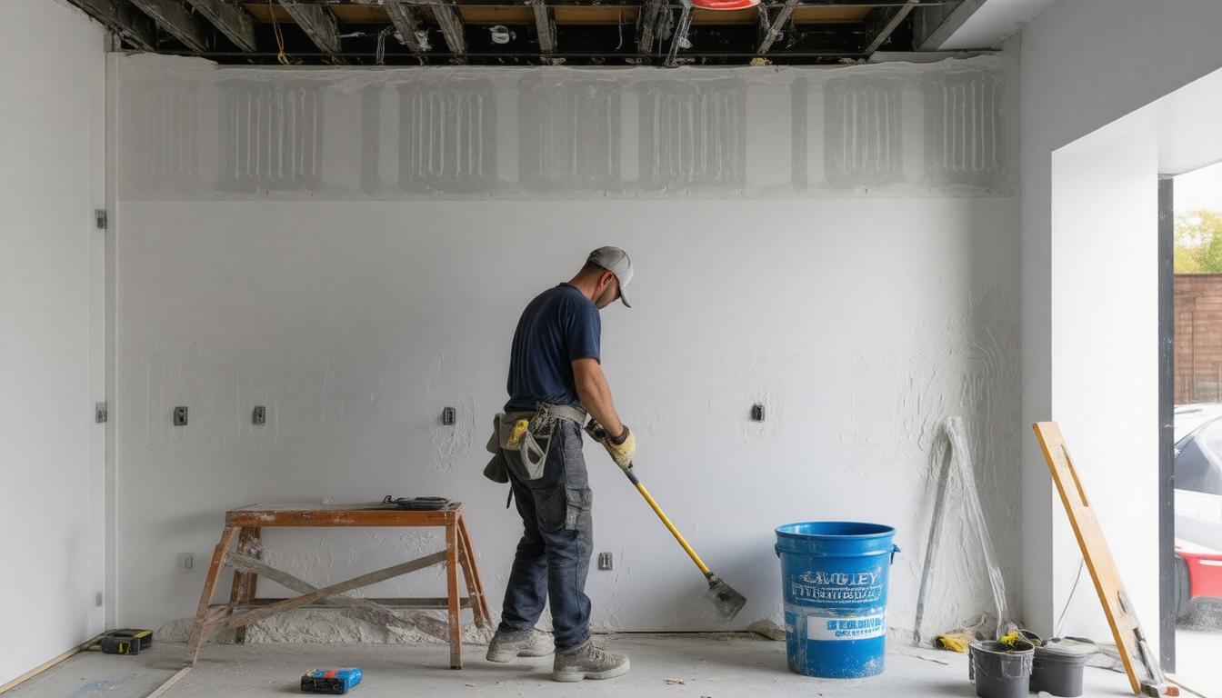 A man is applying paint to a wall in a room, focused on his task with tools nearby.