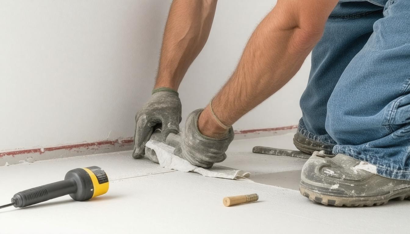 A man using a hammer to install flooring, focused on aligning the planks accurately.