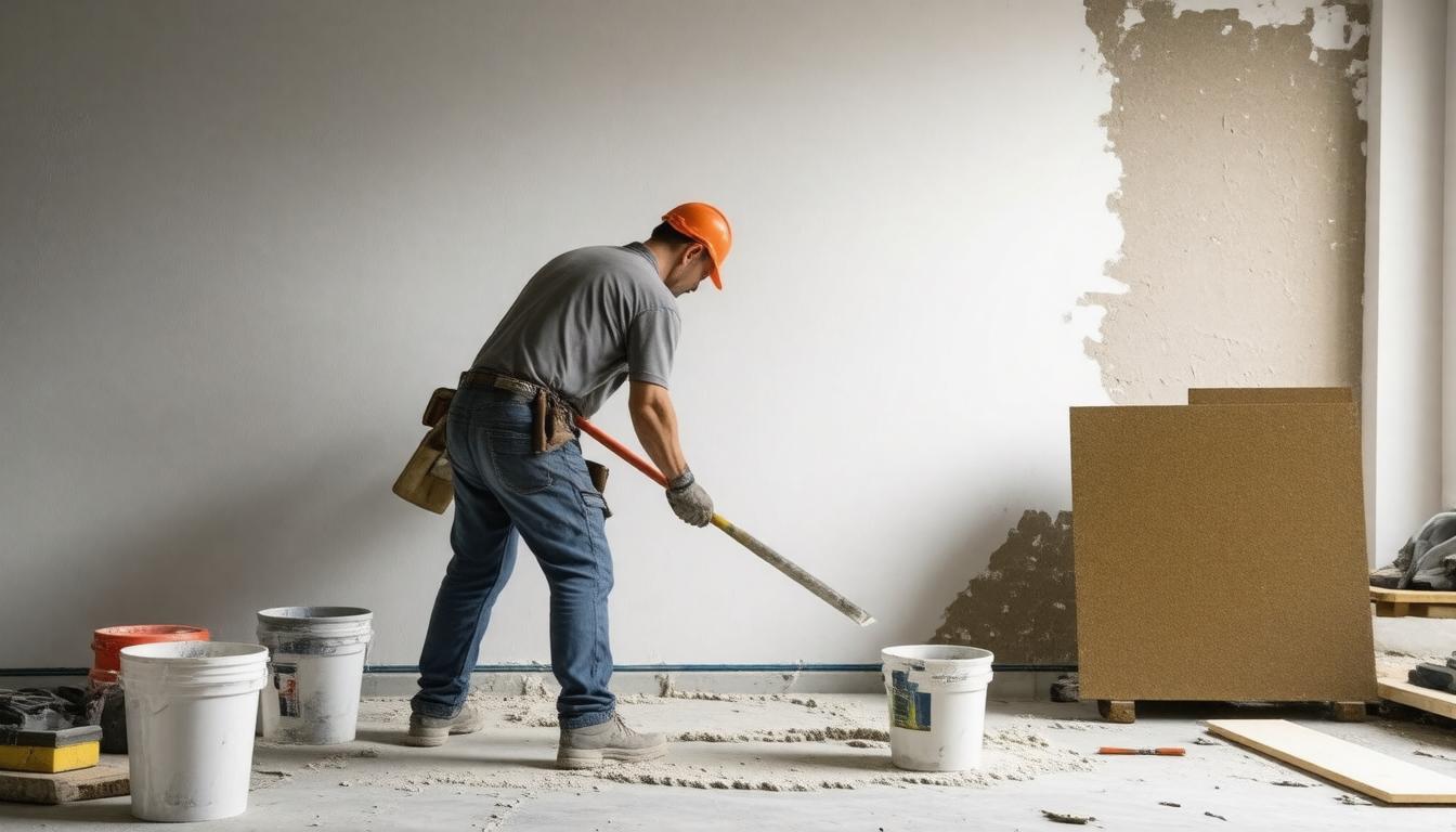 A man using a hammer to work on a wall, focused on his task in a construction setting.