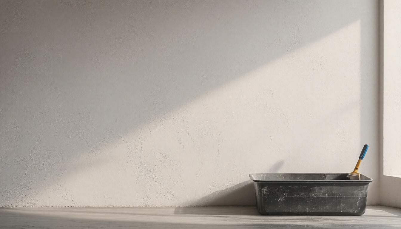 A bucket and a paintbrush are placed in front of a window, suggesting a painting or home improvement project.