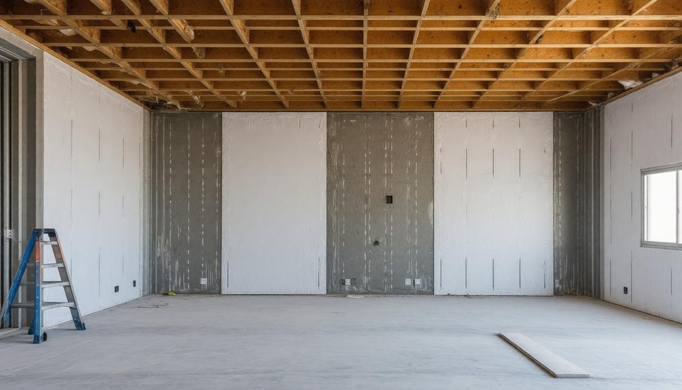 A construction site showing walls and ceiling being built in a partially finished room.