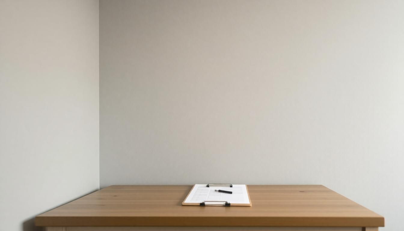An empty desk featuring a single book placed on its surface.