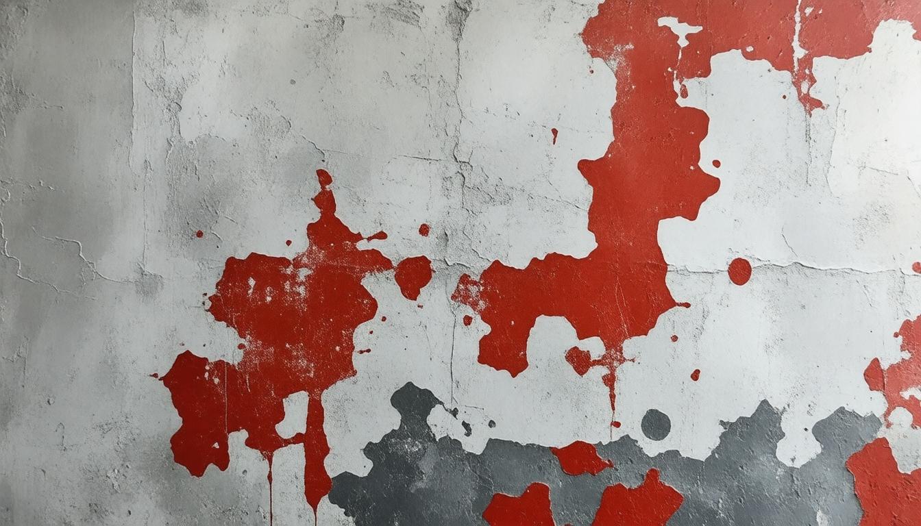A red and white wall featuring a prominent red paint splatter, creating a dynamic visual contrast.