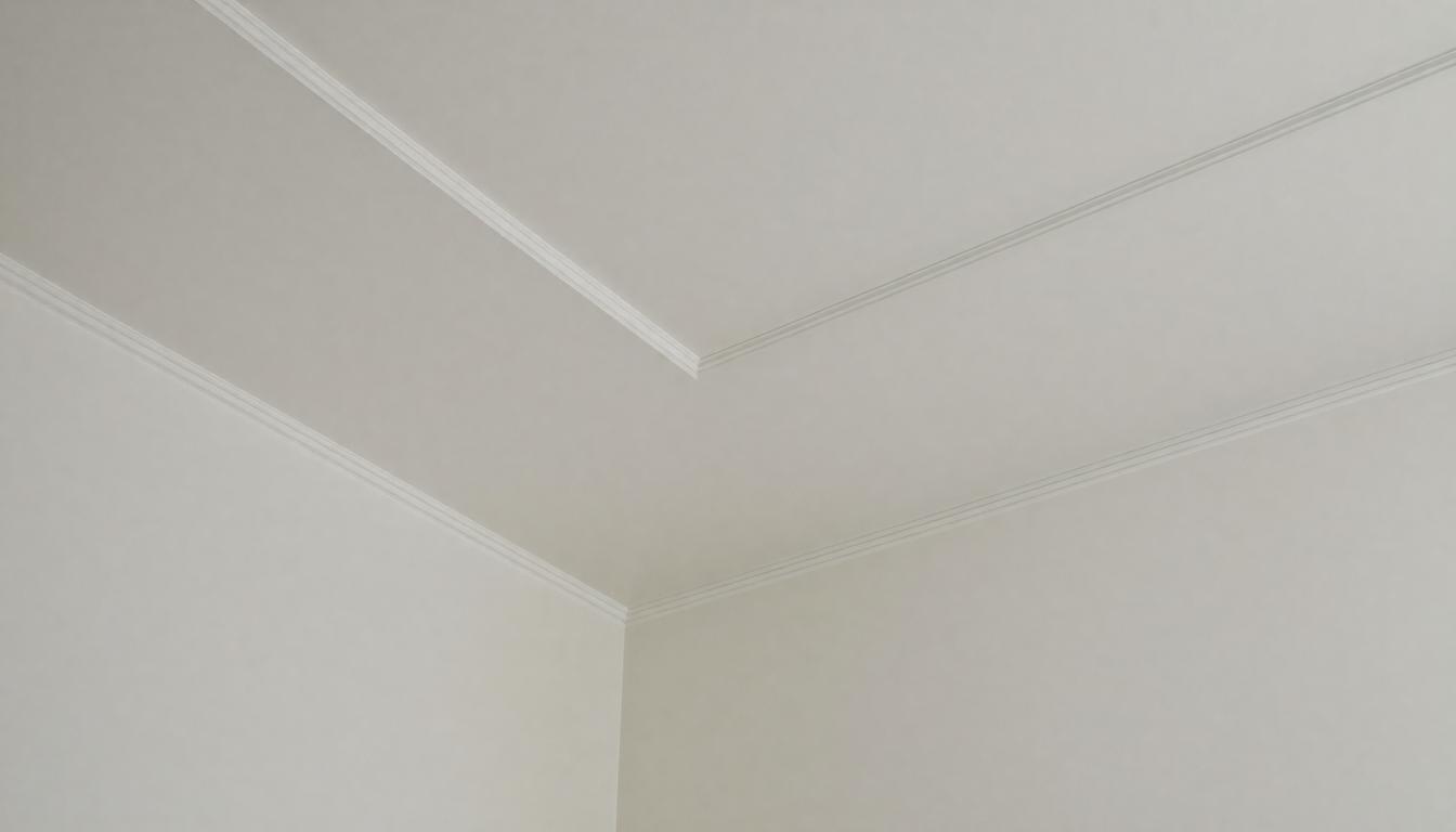 A white ceiling with white trim meets a white wall, creating a seamless and minimalist interior design.