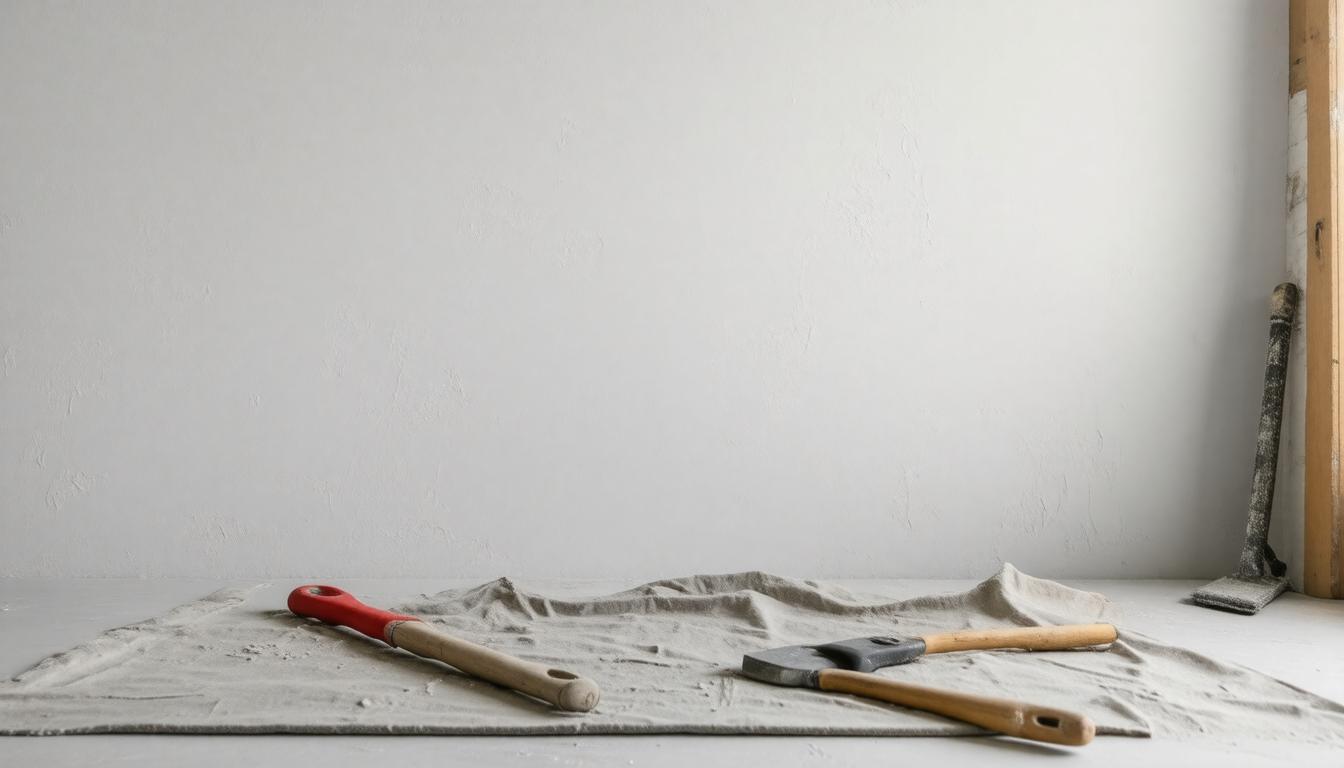 A room featuring a white wall and a table equipped with various tools arranged neatly on its surface.