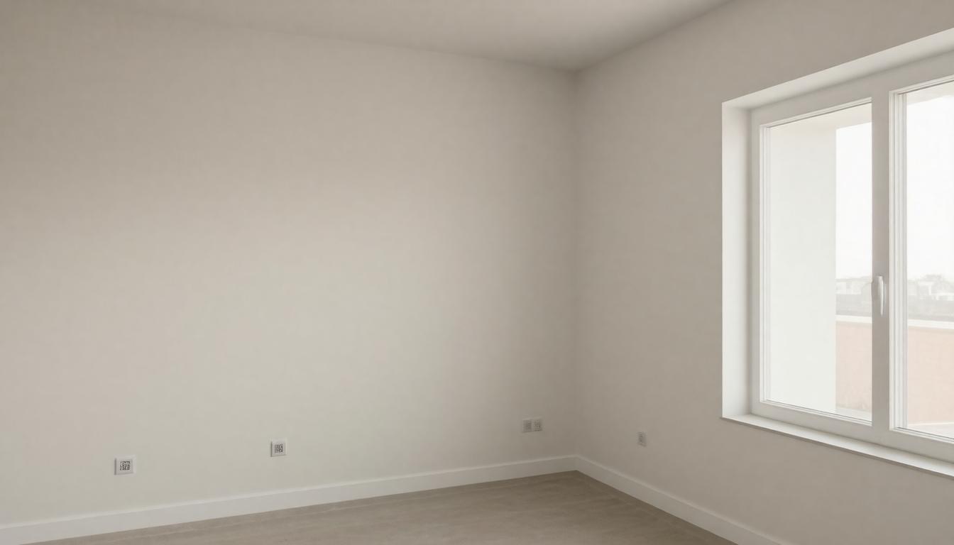 An empty room featuring white walls and a large window allowing natural light to enter.