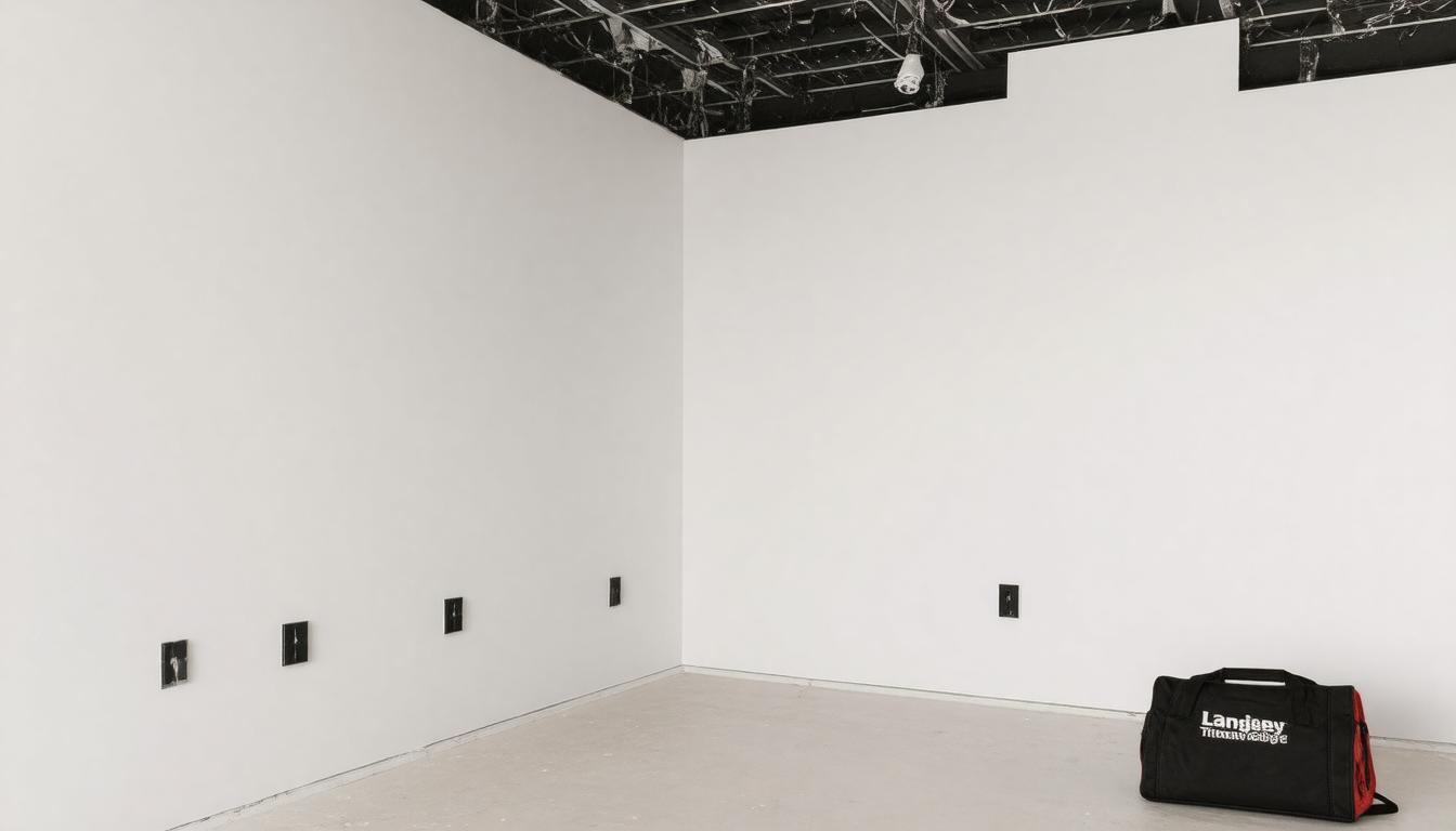 A white room featuring a black bag against a plain wall.
