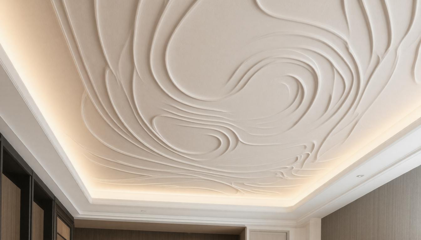 A white ceiling featuring an intricate decorative design, showcasing elegant patterns and textures.