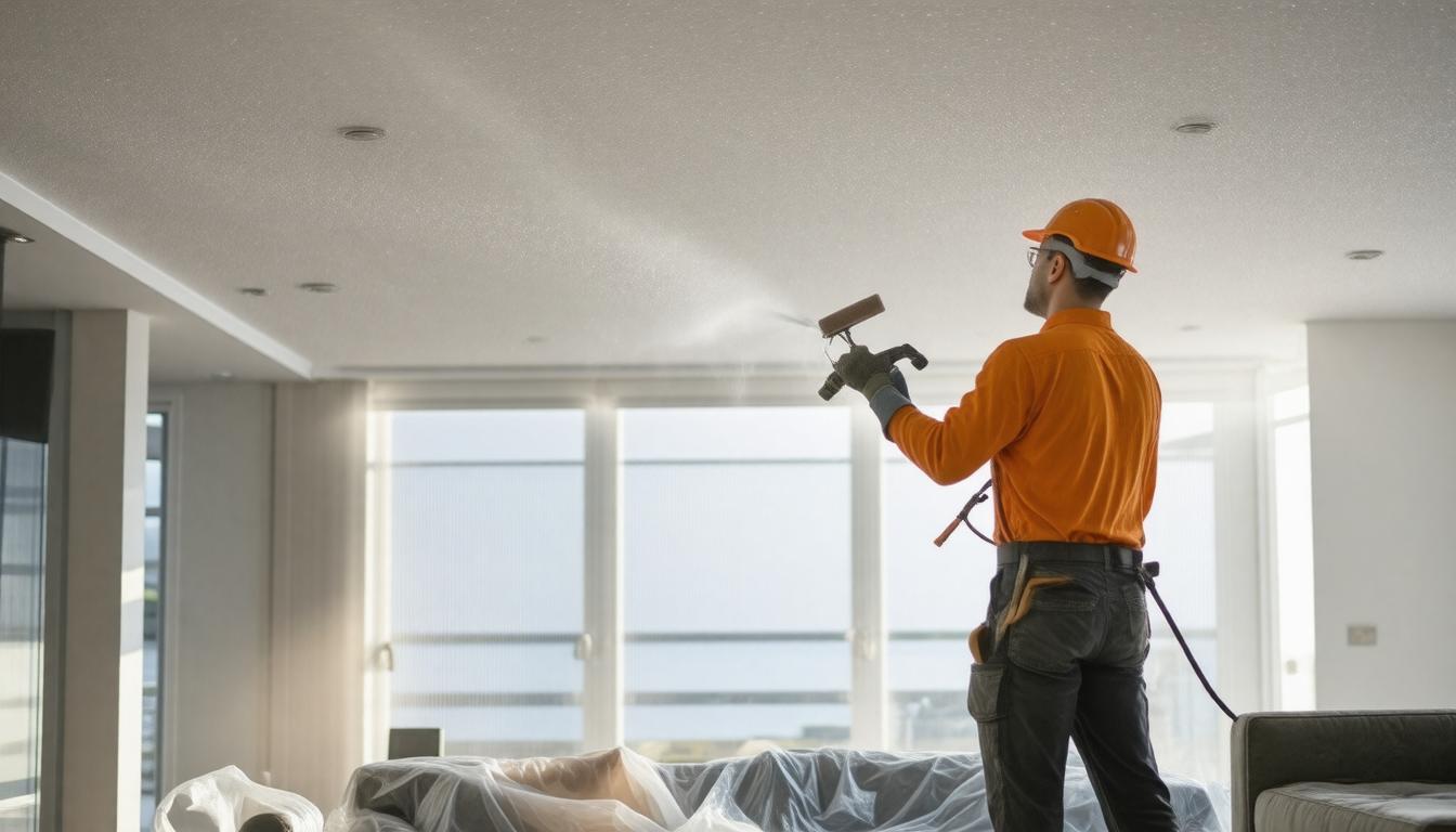 A man wearing an orange shirt and hard hat sprays paint on a ceiling, focused on his task.