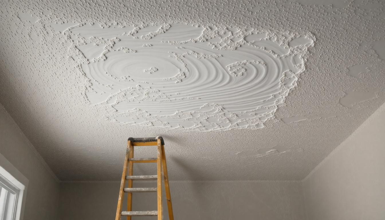 A ladder positioned against the wall, extending towards the ceiling of a room for access.