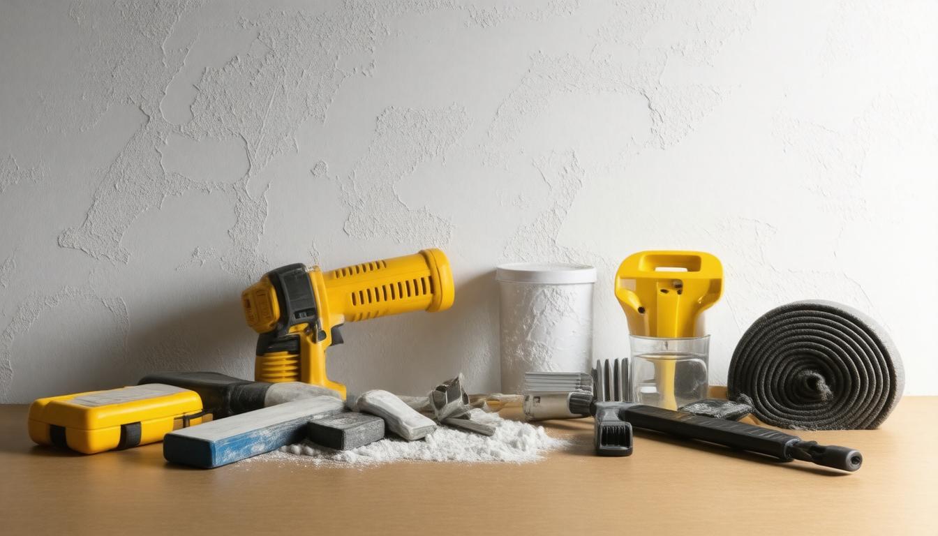 A table displaying an assortment of tools and supplies, including hammers, screwdrivers, and paintbrushes.