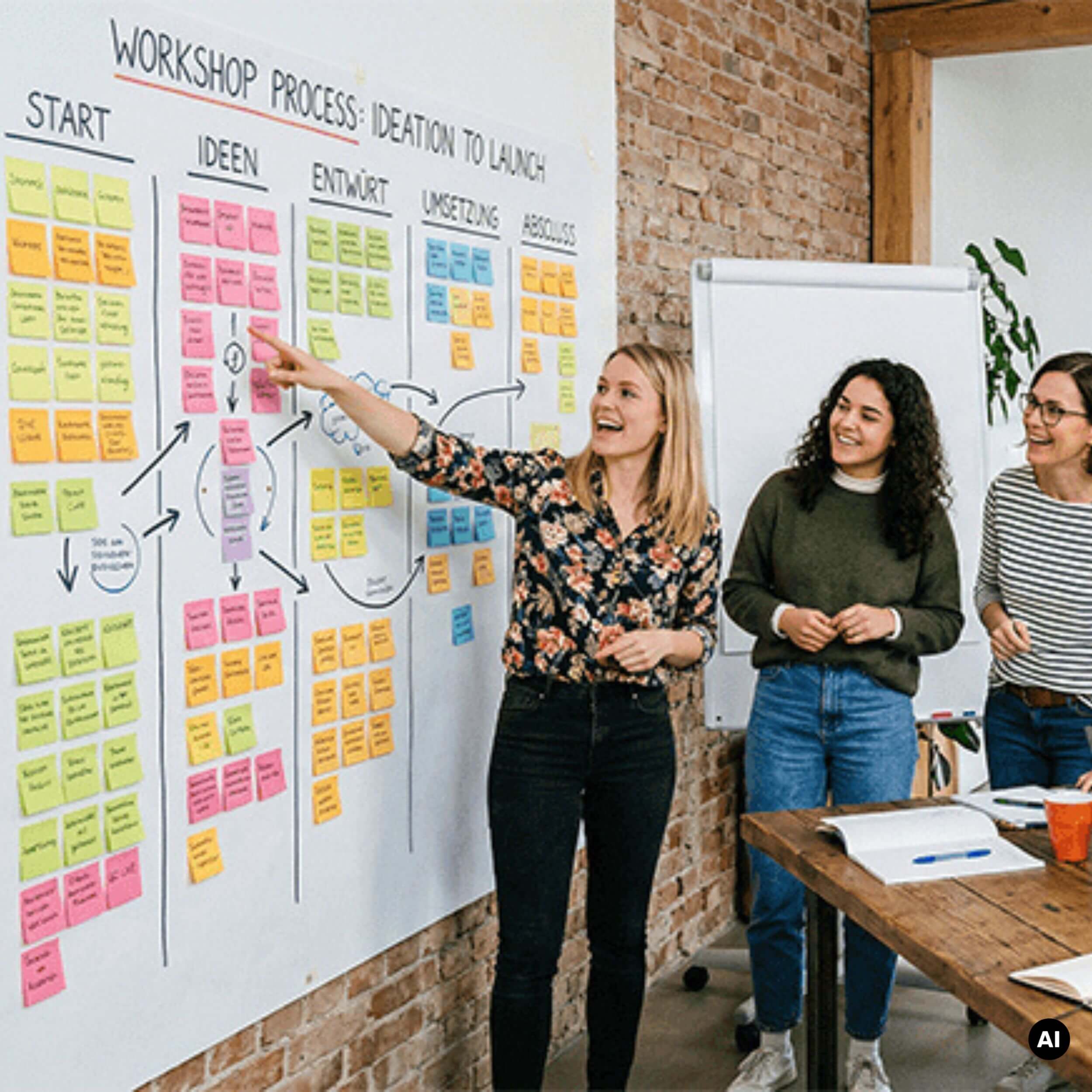 Führungsteam steuert ein KI-Transformationsprogramm an einer Wand mit Roadmap und Kennzahlen