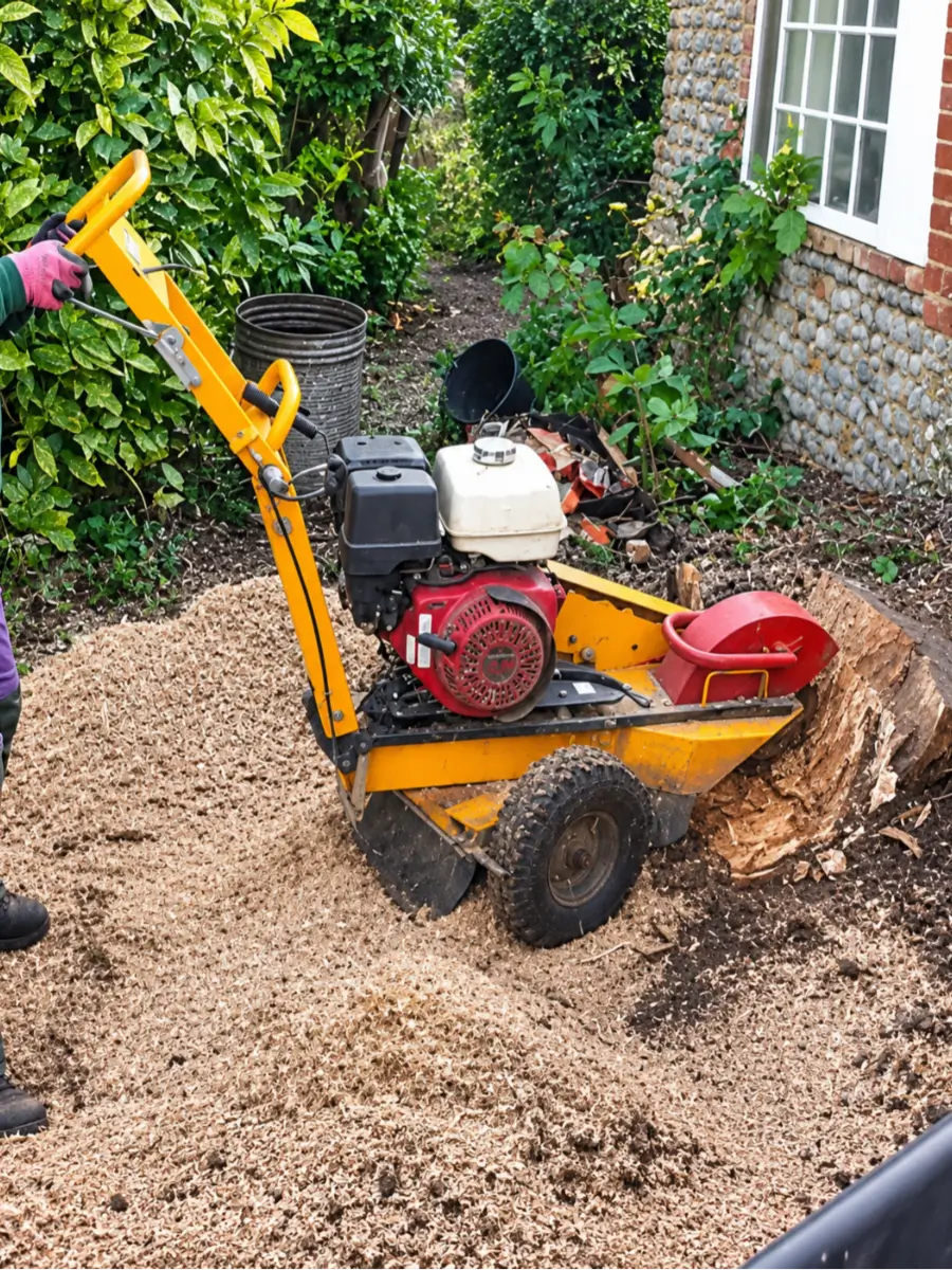 Tree stump being ground out below ground level