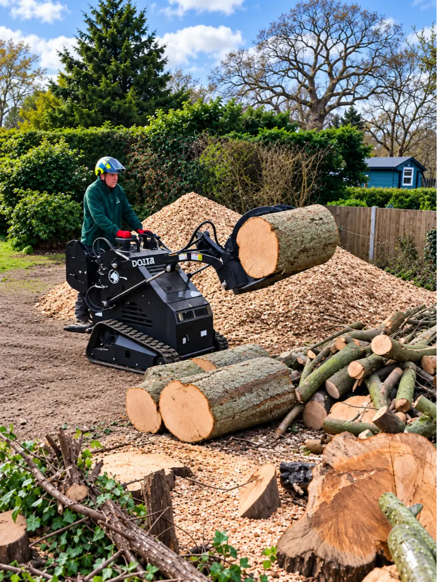 Tree surgery team felling and processing a large tree