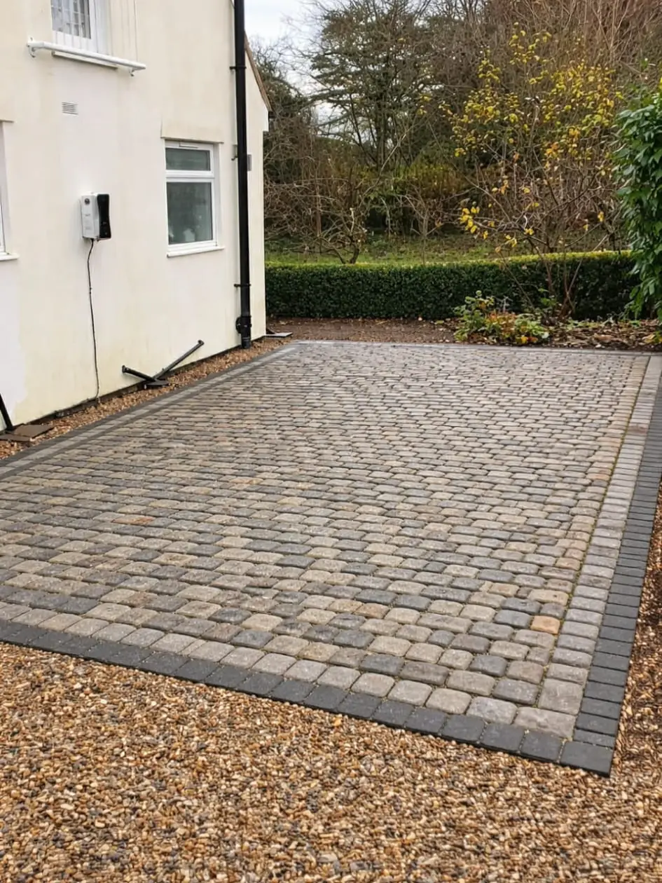 Driveway running alongside home for side access.