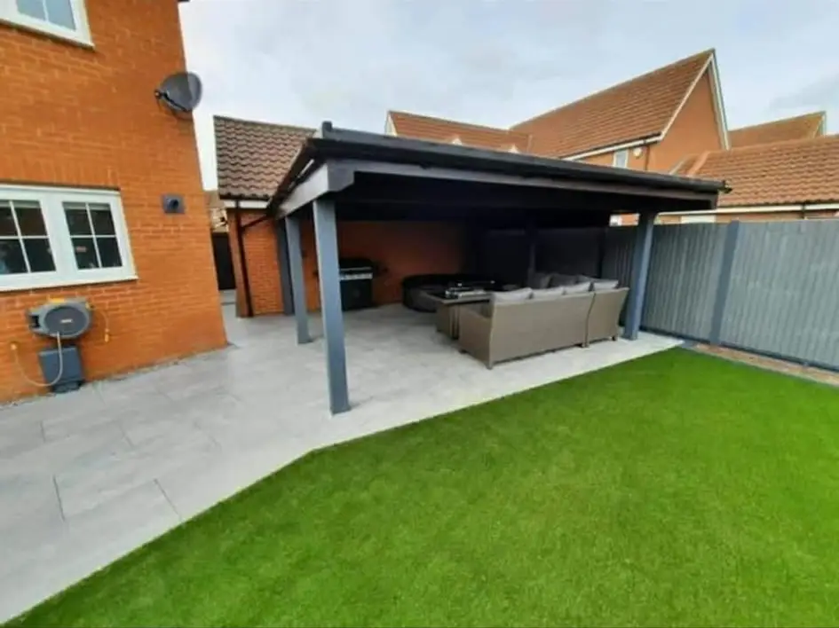 Patio steps wrapping around corner of house.