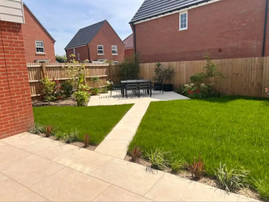 Path stepping down to lower garden.