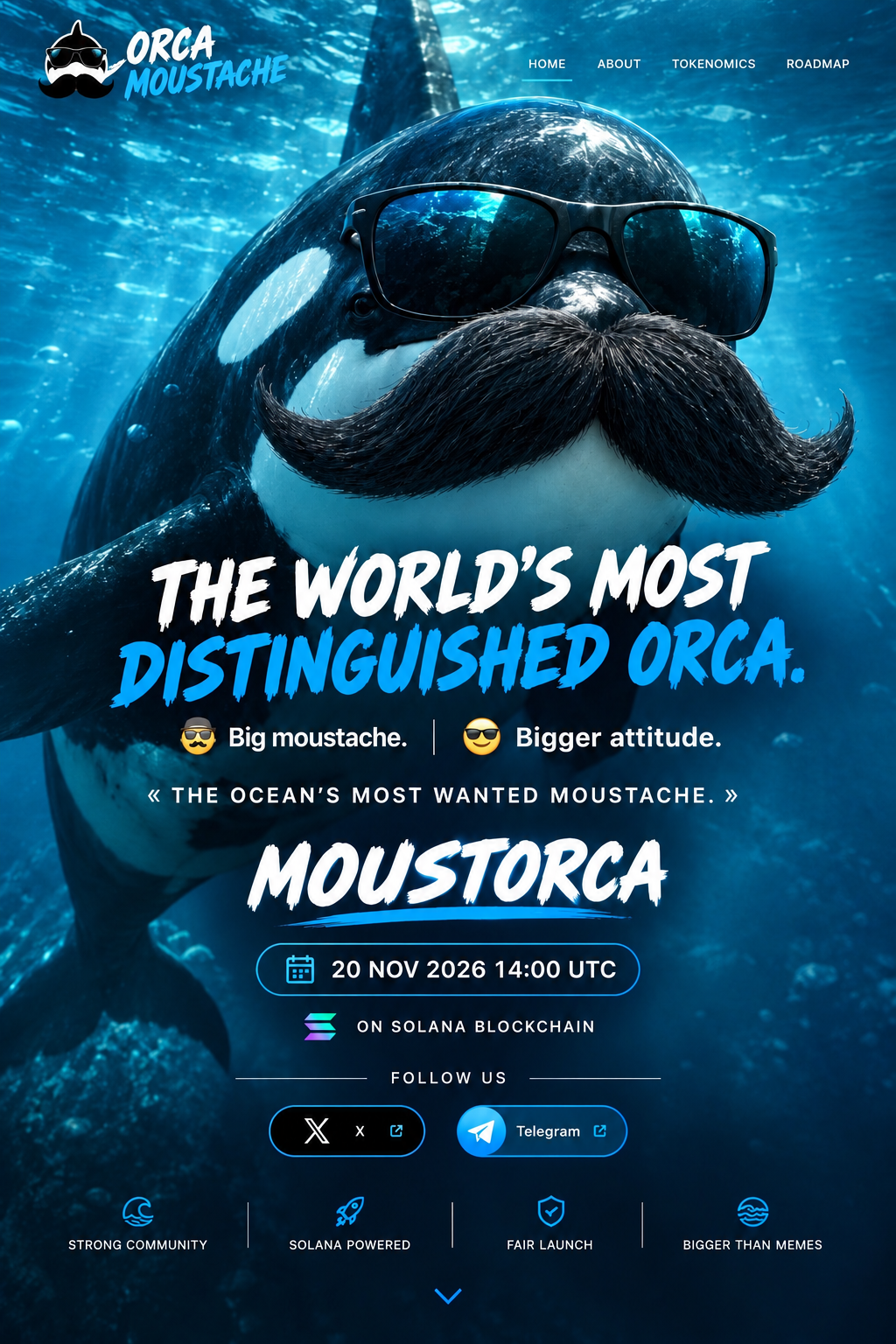 Official Orca Moustache launch poster: a moustached orca wearing sunglasses underwater, with the ticker MOUSTORCA