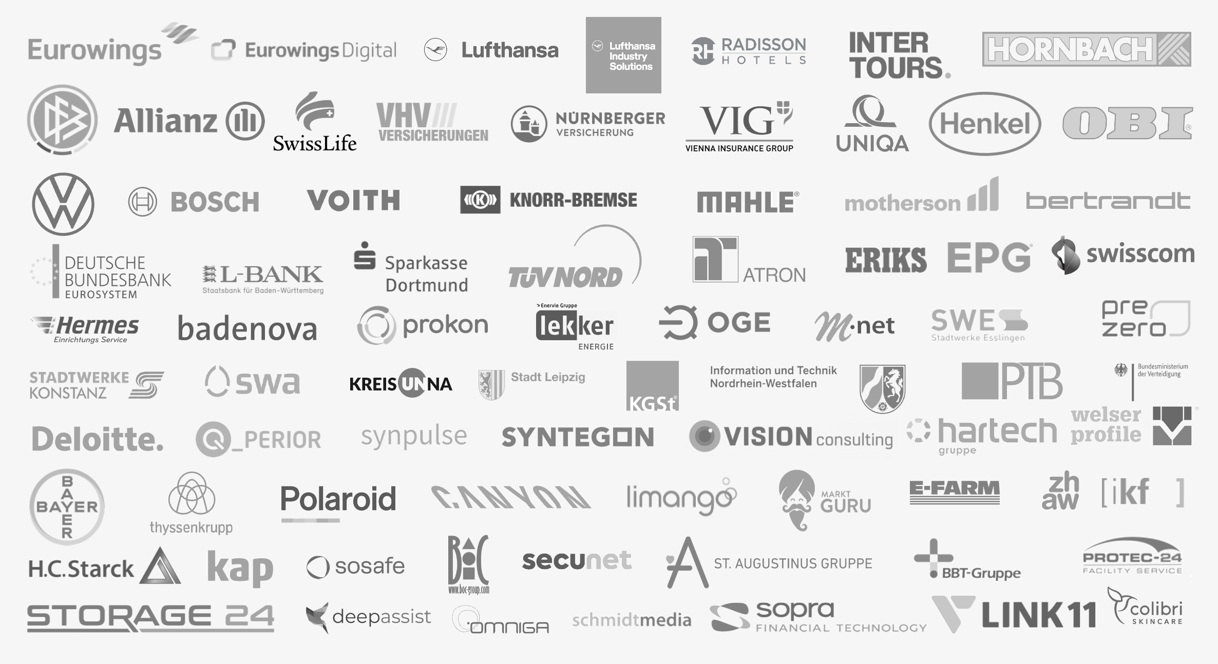Übersicht von Logos von Unternehmen und Marken, die Erno mit OKR begleitet wie Lufthansa, Eurowings, Radisson Hotels, Swiss Life, VHV Versicherungen, Nürnberger Versicherung, Swisscom, Volkswagen, Bosch, Voith, Deloitte, Bayer, Polaroid, Canyon, Thyssenkrupp, Hermes, Radisson, Swiss Life, Badenova, Prokon, Lekker Energie und weiteren Partnern.