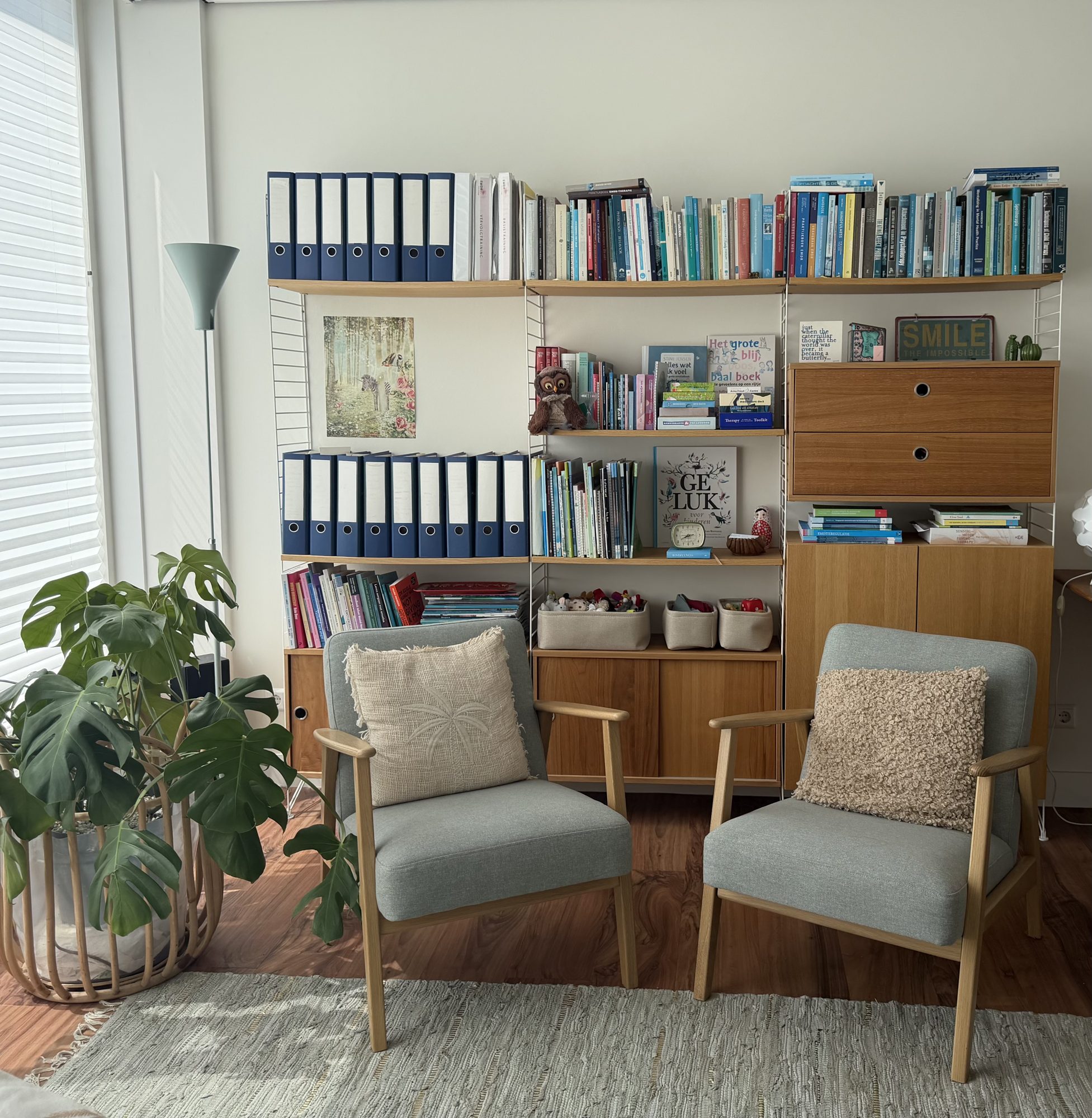 Warme spreekkamer met boekenkast van Praktijk Landzaat in Sassenheim