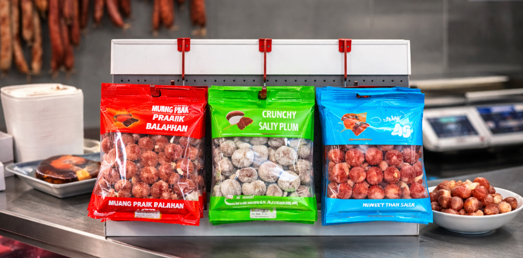 Butcher shop counter display with a three-pack salty plum selection, positioned beside fresh meat cuts as a savoury snack pairing option.