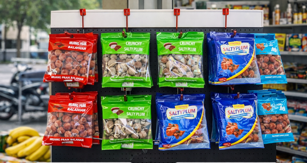 Corner store retail display of assorted salty plum flavours hanging on a compact rack, showcasing sweet, crunchy and traditional salty plums.