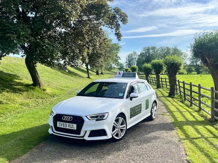 Road Craft Driving Academy branded Audi on a Newport country lane