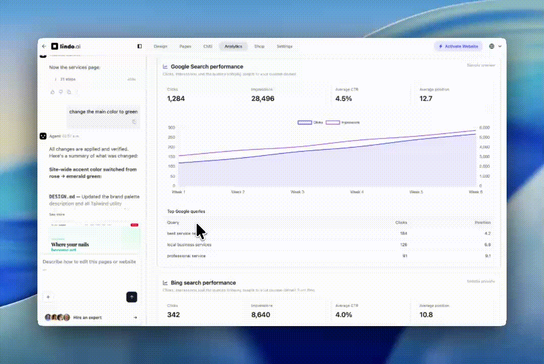 Google Search Console performance and queries in Lindo Website Analytics